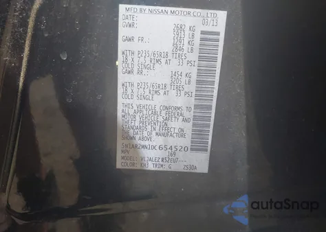 2013 Nissan Pathfinder Sv z USA, uszkodzony, nr VIN 5N1AR2MN1DC654520